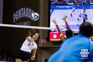 Nebraska Cornhusker opposite hitter Virginia Adriano (3) spikes the ball against the Iowa State Cyclones during a college volleyball match on Saturday, April 11, 2026, in Lincoln, Neb. Photo by John S. Peterson.