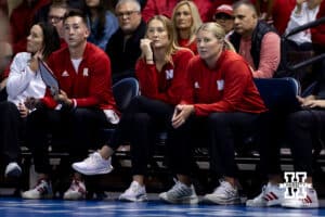 Nebraska Cornhusker head coach Dani Busboom Kelly watches the game action with her coaching staff against the Iowa State Cyclones during a college volleyball match on Saturday, April 11, 2026, in Lincoln, Neb. Photo by John S. Peterson.