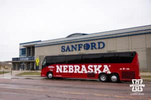 Nebraska Cornhuskers bus parked out front of the Pentagon during a college volleyball match against the Iowa State Cyclones on Saturday, April 11, 2026, in Lincoln, Neb. Photo by John S. Peterson.