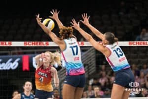 Omaha Supernova Janice Leao (17) blocks a kill attempt during a major league volleyball match against Grand Rapids Rise on April 10, 2026, in Omaha, Nebraska. Photo by Brandon Tiedemann