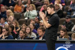 Omaha Supernova interim head coach Thomas Robson claps during a major league volleyball match against Grand Rapids Rise on April 10, 2026, in Omaha, Nebraska. Photo by Brandon Tiedemann