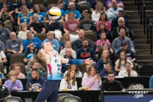 Omaha Supernova Allison Holder (20) serves during a major league volleyball match against Grand Rapids Rise on April 10, 2026, in Omaha, Nebraska. Photo by Brandon Tiedemann