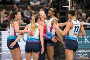 Omaha Supernovas cheer after a point during a major league volleyball match against Grand Rapids Rise on April 10, 2026, in Omaha, Nebraska. Photo by Brandon Tiedemann