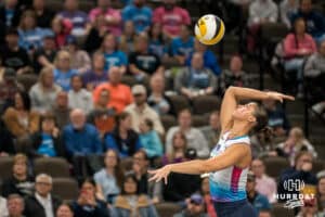 Omaha Supernova Merritt Beason (13) serves during a major league volleyball match against Grand Rapids Rise on April 10, 2026, in Omaha, Nebraska. Photo by Brandon Tiedemann