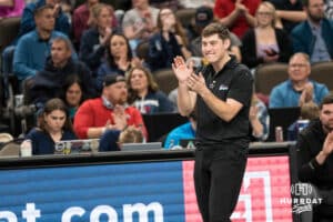 Omaha Supernova interim head coach Thomas Robson claps during a major league volleyball match against Grand Rapids Rise on April 10, 2026, in Omaha, Nebraska. Photo by Brandon Tiedemann