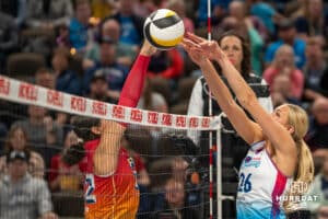Omaha Supernova Leyla Blackwell (26) blocks a hit during a major league volleyball match against Grand Rapids Rise on April 10, 2026, in Omaha, Nebraska. Photo by Brandon Tiedemann