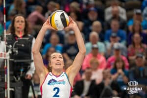 Omaha Supernova Sydney Hilley (2) sets the ball during a major league volleyball match against Grand Rapids Rise on April 10, 2026, in Omaha, Nebraska. Photo by Brandon Tiedemann