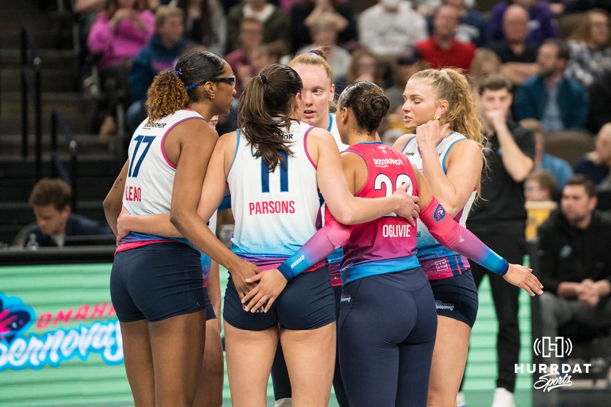 Omaha Supernovas huddle during a major league volleyball match against Grand Rapids Rise on April 10, 2026, in Omaha, Nebraska. Photo by Brandon Tiedemann