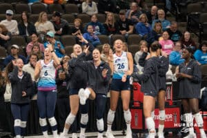 Omaha Supernova bench cheers during a major league volleyball match against Grand Rapids Rise on April 10, 2026, in Omaha, Nebraska. Photo by Brandon Tiedemann