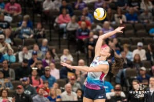 Omaha Supernova Sarah Parsons (11) serves during a major league volleyball match against Grand Rapids Rise on April 10, 2026, in Omaha, Nebraska. Photo by Brandon Tiedemann