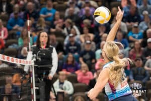 Omaha Supernova Leyla Blackwell (26) hits the ball during a major league volleyball match against Grand Rapids Rise on April 10, 2026, in Omaha, Nebraska. Photo by Brandon Tiedemann