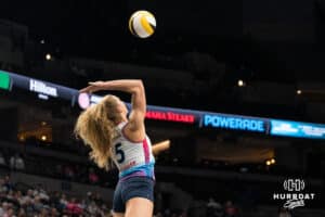 Omaha Supernova Brooke Nuneviller (5) serves during a major league volleyball match against Grand Rapids Rise on April 10, 2026, in Omaha, Nebraska. Photo by Brandon Tiedemann