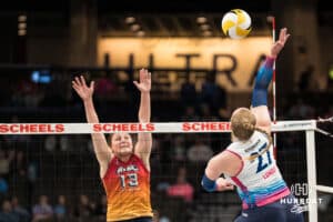 Omaha Supernova Emily Londot (27) hits the ball during a major league volleyball match against Grand Rapids Rise on April 10, 2026, in Omaha, Nebraska. Photo by Brandon Tiedemann