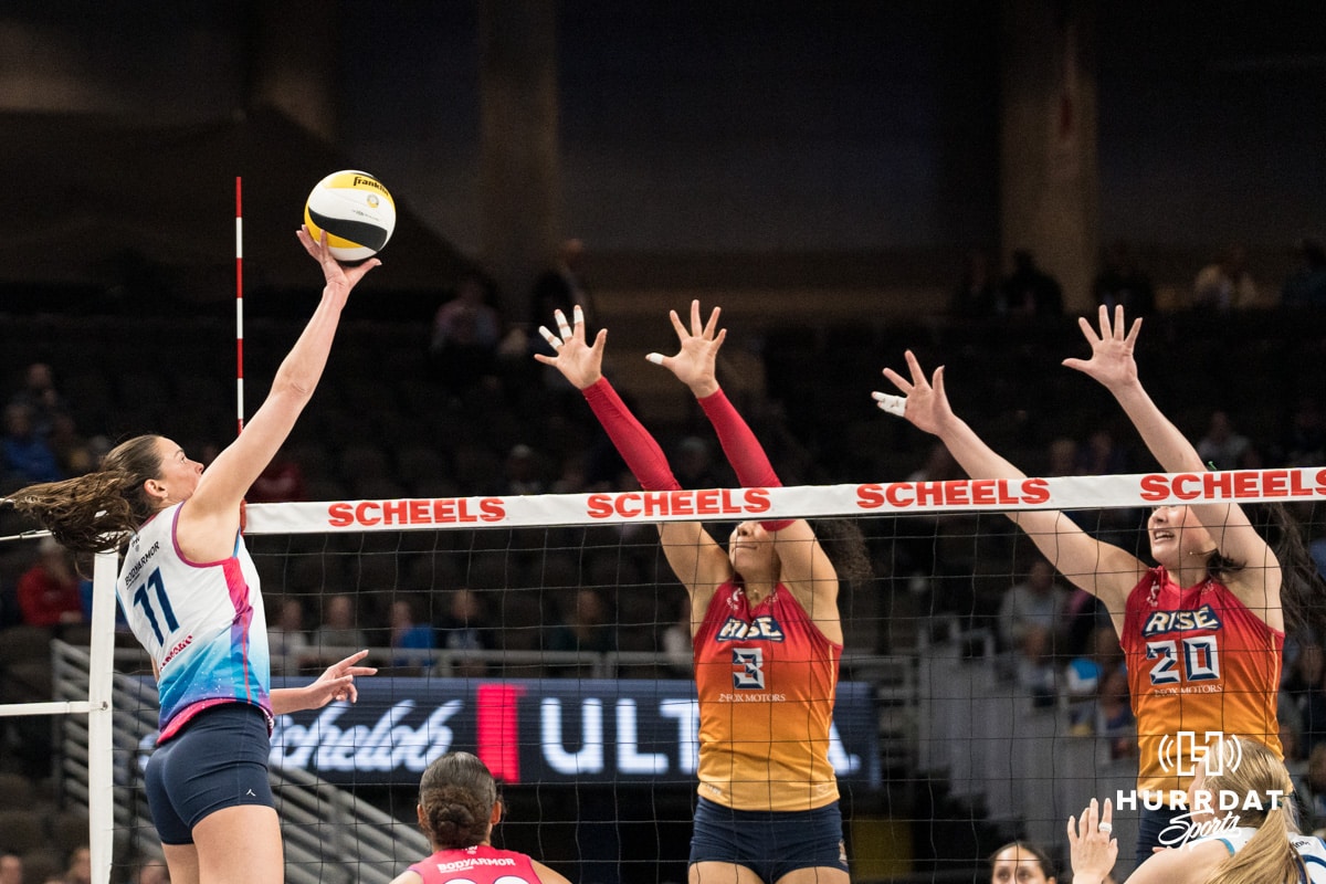Omaha Supernovas v Indy Grand Rapids | April 10, 2026 Omaha Supernovas outside hitter Sarah Parsons tips the ball during a major league volleyball match against Grand Rapids Rise on April 10, 2026, in Omaha, Nebraska. Photo by Brandon Tiedemann
