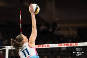 Omaha Supernova Sarah Parsons (11) hits the ball during a major league volleyball match against Grand Rapids Rise on April 10, 2026, in Omaha, Nebraska. Photo by Brandon Tiedemann