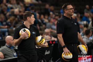Omaha Supernova interim head coach Thomas Robson helps the team warmup before a major league volleyball match against Grand Rapids Rise on April 10, 2026, in Omaha, Nebraska. Photo by Brandon Tiedemann