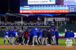 Kansas Jayhawks celebrates the win over the Nebraska Cornhuskers during a college baseball game on Tuesday, April 7, 2026, in Lincoln. Photo by John S. Peterson.