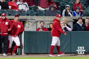 Nebraska Cornhusker head coach Will Bolt heads the clubhouse after being ejected from the game against the Kansas Jayhawks in the ninth inning during a college baseball game on Tuesday, April 7, 2026, in Lincoln. Photo by John S. Peterson.