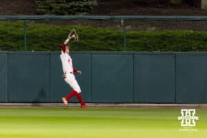 Nebraska Cornhusker outfielder Mac Moyer (17) makes a catch in the eight inning against the Kansas Jayhawks during a college baseball game on Tuesday, April 7, 2026, in Lincoln. Photo by John S. Peterson.