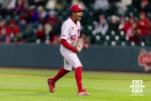 Nebraska Cornhusker pitcher Jalen Worthley (42) celebrates shutting down the Kansas Jayhawks in the seventh inning during a college baseball game on Tuesday, April 7, 2026, in Lincoln. Photo by John S. Peterson.