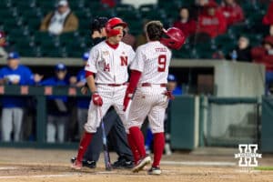Nebraska Cornhusker infielder Case Sanderson (14) reacts to a strike out thinking that the pitch was a ball in the sixth inning against the Kansas Jayhawks during a college baseball game on Tuesday, April 7, 2026, in Lincoln. Photo by John S. Peterson.