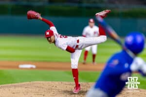 Nebraska Cornhusker pitcher Braxton Stewart (28) throws a pitch against the Kansas Jayhawks in the sixth inning during a college baseball game on Tuesday, April 7, 2026, in Lincoln. Photo by John S. Peterson.