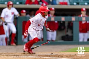 Nebraska Cornhusker Jeter Worthley (0) singles in the fifth inning against the Kansas Jayhawks during a college baseball game on Tuesday, April 7, 2026, in Lincoln. Photo by John S. Peterson.
