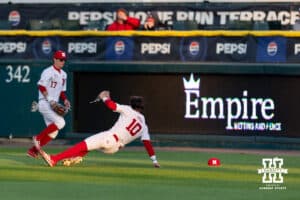 Nebraska Cornhusker Drew Grego (10) drops the ball in the fifth inning against the Kansas Jayhawks during a college baseball game on Tuesday, April 7, 2026, in Lincoln. Photo by John S. Peterson.