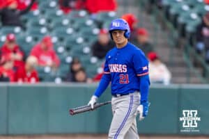 Kansas Jayhawks Augusto Mungarrieta (21) reacts to being struck out in the fourth inning against the Nebraska Cornhuskers during a college baseball game on Tuesday, April 7, 2026, in Lincoln. Photo by John S. Peterson.
