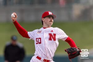 Nebraska Cornhusker pitcher Gavin Blachowicz (50) throws a pitch against the Kansas Jayhawks in the first inning during a college baseball game on Tuesday, April 7, 2026, in Lincoln. Photo by John S. Peterson.