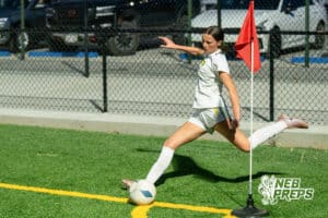 Pius’ Bentley Schlegel (1) does a corner kick against Gretna East during a high school girls soccer game Monday, March 30, 2026, in Gretna, Nebraska. Photo by Jackson D. Luethje.