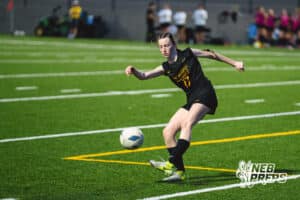 Gretan East’s Izzy Shelburne (17) passes the ball against Pius' during a high school girls soccer game Monday, March 30, 2026, in Gretna, Nebraska. Photo by Jackson D. Luethje.