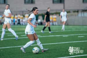 Pius’ Emily Krings (24) dribbles the ball against Gretna East during a high school girls soccer game Monday, March 30, 2026, in Gretna, Nebraska. Photo by Jackson D. Luethje.