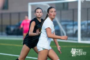 Pius’ Margaret O’Donnell (3) guarded by Gretna East’s Izzie Kahm (14) during a high school girls soccer game Monday, March 30, 2026, in Gretna, Nebraska. Photo by Jackson D. Luethje.