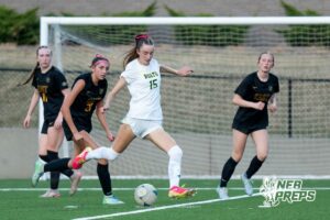 Pius’ Haley Thomsen (15) scores during a high school girls soccer game Monday, March 30, 2026, in Gretna, Nebraska. Photo by Jackson D. Luethje.