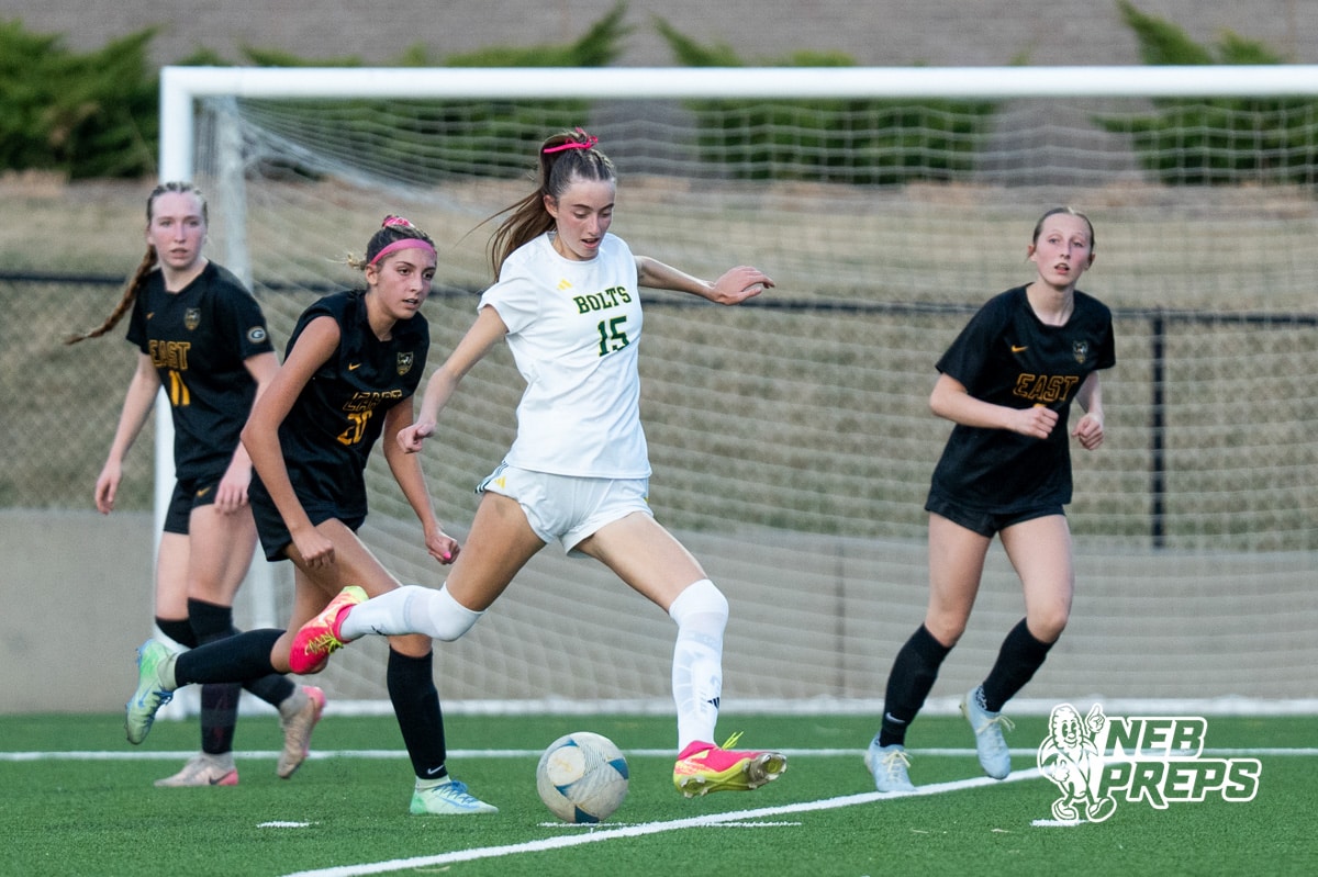 Pius’ Haley Thomsen (15) scores during a high school girls soccer game Monday, March 30, 2026, in Gretna, Nebraska. Photo by Jackson D. Luethje.