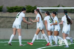 Pius’ Haley Thomsen (15) scores during a high school girls soccer game Monday, March 30, 2026, in Gretna, Nebraska. Photo by Jackson D. Luethje.