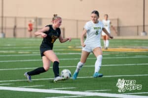 Gretna East’s Ellie Leahy (31) dribbles against Pius during a high school girls’ soccer game Monday, March 30, 2026, in Gretna, Nebraska. Photo by Jackson D. Luethje.