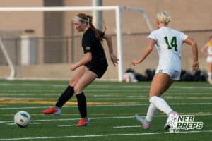 Gretna East’s Taylor LaRock (6) passes the ball against Pius during a high school girls soccer game Monday, March 30, 2026, in Gretna, Nebraska. Photo by Jackson D. Luethje.