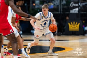 Creighton Bluejay guard Josh Dix (4) dribbles the ball against the Rutgers Scarlet Knights during the first round of the Crown tournament on Thursday, April 2, 2026, in Las Vegas, Nevada. Photo by Cole Curtis.