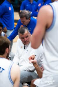 Creighton Bluejay head coach Greg McDermott is working with the players in the huddle against the Rutgers Scarlet Knights during the first round of the Crown tournament on Thursday, April 2, 2026, in Las Vegas, Nevada. Photo by Cole Curtis.