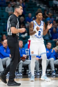Creighton Bluejay guard Blake Harper (2) reacts to a call during the first round of the Crown tournament against the Rutgers Scarlet Knights on Thursday, April 2, 2026, in Las Vegas, Nevada. Photo by Cole Curtis.