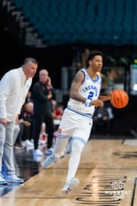 Creighton Bluejay guard Blake Harper (2) dribbles the ball against the Rutgers Scarlet Knight during the first round of the Crown tournament on Thursday, April 2, 2026, in Las Vegas, Nevada. Photo by Cole Curtis.