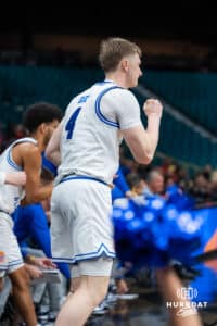 Creighton Bluejay guard Josh Dix (4) gives a fist pump after making a basket against the Rutgers Scarlet Knight during the first round of the Crown tournament on Thursday, April 2, 2026, in Las Vegas, Nevada. Photo by Cole Curtis.