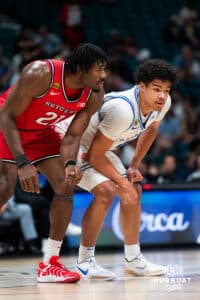 Creighton Bluejay forward Jasen Green (0) up against Rutgers Scarlet Knight center Emmanuel Ogbole (21) for a free throw rebound during the first round of the Crown tournament on Thursday, April 2, 2026, in Las Vegas, Nevada. Photo by Cole Curtis.