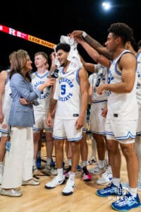 Creighton Bluejay guard Nik Graves (5) takes questions from a reporter after the win over the Rutgers Scarlet Knight during the first round of the Crown tournament on Thursday, April 2, 2026, in Las Vegas, Nevada. Photo by Cole Curtis.