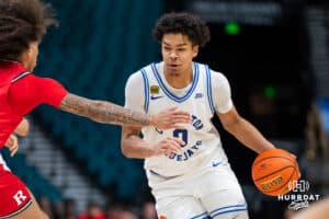 Creighton Bluejay forward Jasen Green (0) dribbles the ball against the Rutgers Scarlet Knight during the first round of the Crown tournament on Thursday, April 2, 2026, in Las Vegas, Nevada. Photo by Cole Curtis.