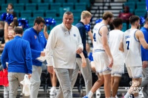 Creighton Bluejay head coach Greg McDermott, coaching his last week before retiring, during the first round of the Crown tournament against the Rutgers Scarlet Knight on Thursday, April 2, 2026, in Las Vegas, Nevada. Photo by Cole Curtis.