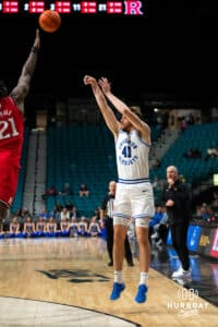 Creighton Bluejay forward Isaac Traudt (41) shoots over Rutgers Scarlet Knight center Emmanuel Ogbole (21) during the first round of the Crown tournament on Thursday, April 2, 2026, in Las Vegas, Nevada. Photo by Cole Curtis.
