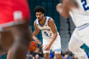 Creighton Bluejay guard Nik Graves (5) dribbles the ball against the Rutgers Scarlet Knight during the first round of the Crown tournament on Thursday, April 2, 2026, in Las Vegas, Nevada. Photo by Cole Curtis.